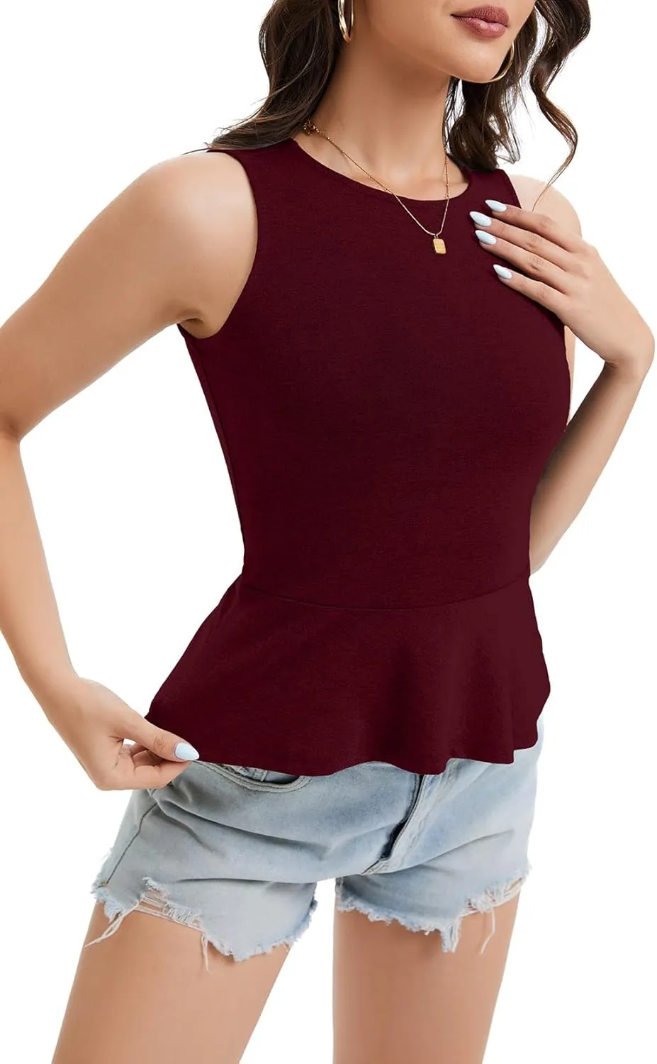 Women's Halter Neck Sleeveless Peplum Tank Top Back Button Ruffle Hem Soft Stretchy Summer Cami Casual Babydoll