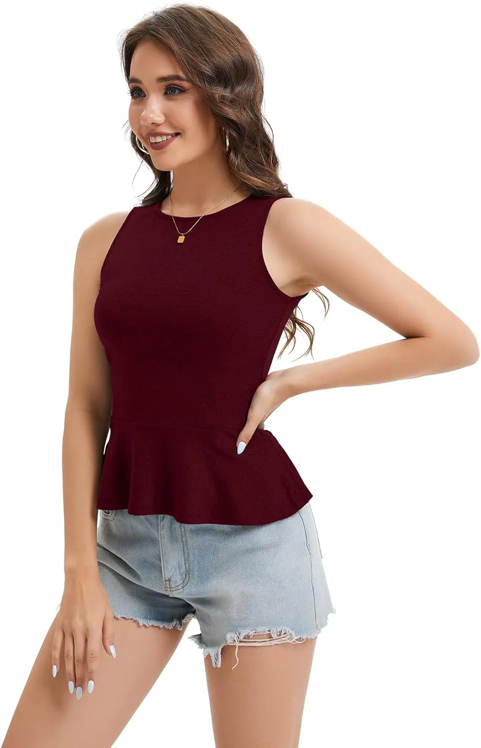 Women's Halter Neck Sleeveless Peplum Tank Top Back Button Ruffle Hem Soft Stretchy Summer Cami Casual Babydoll