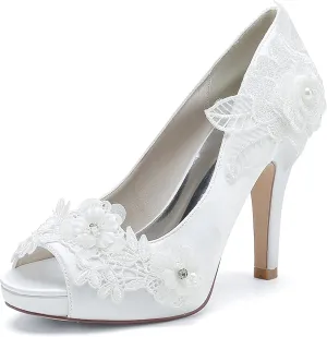 Women's Ivory Lace Wedding Heels Open Toe Bridal Shoes (10cm/4" Heel) Satin Pumps with Embroidery Lace Flowers, Fish Mouth Design