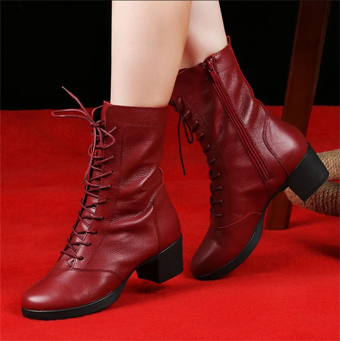 Women's Jazz Boots, Leather Square Heel Dancing Shoes for Ladies Split Sole Ballet Dancing Sneakers