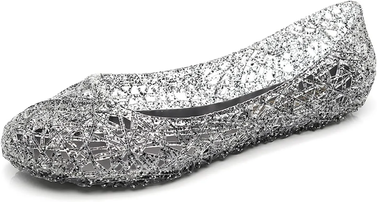 Womens Jelly Sandals, White Jelly Shoes Glitter Flats for Women Size 9, Slip On Summer Ballet Flat Transparent Layered Lines Bird Nest Soft Hollow Out Loafers