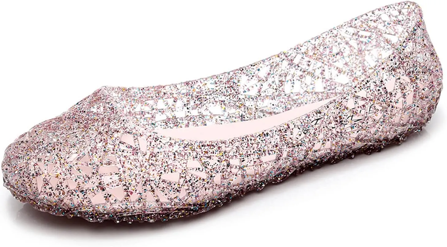 Womens Jelly Sandals, White Jelly Shoes Glitter Flats for Women Size 9, Slip On Summer Ballet Flat Transparent Layered Lines Bird Nest Soft Hollow Out Loafers