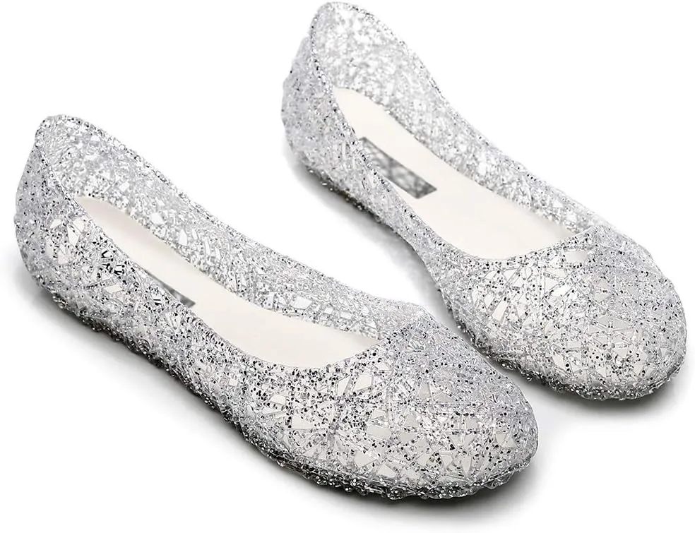 Womens Jelly Sandals, White Jelly Shoes Glitter Flats for Women Size 9, Slip On Summer Ballet Flat Transparent Layered Lines Bird Nest Soft Hollow Out Loafers