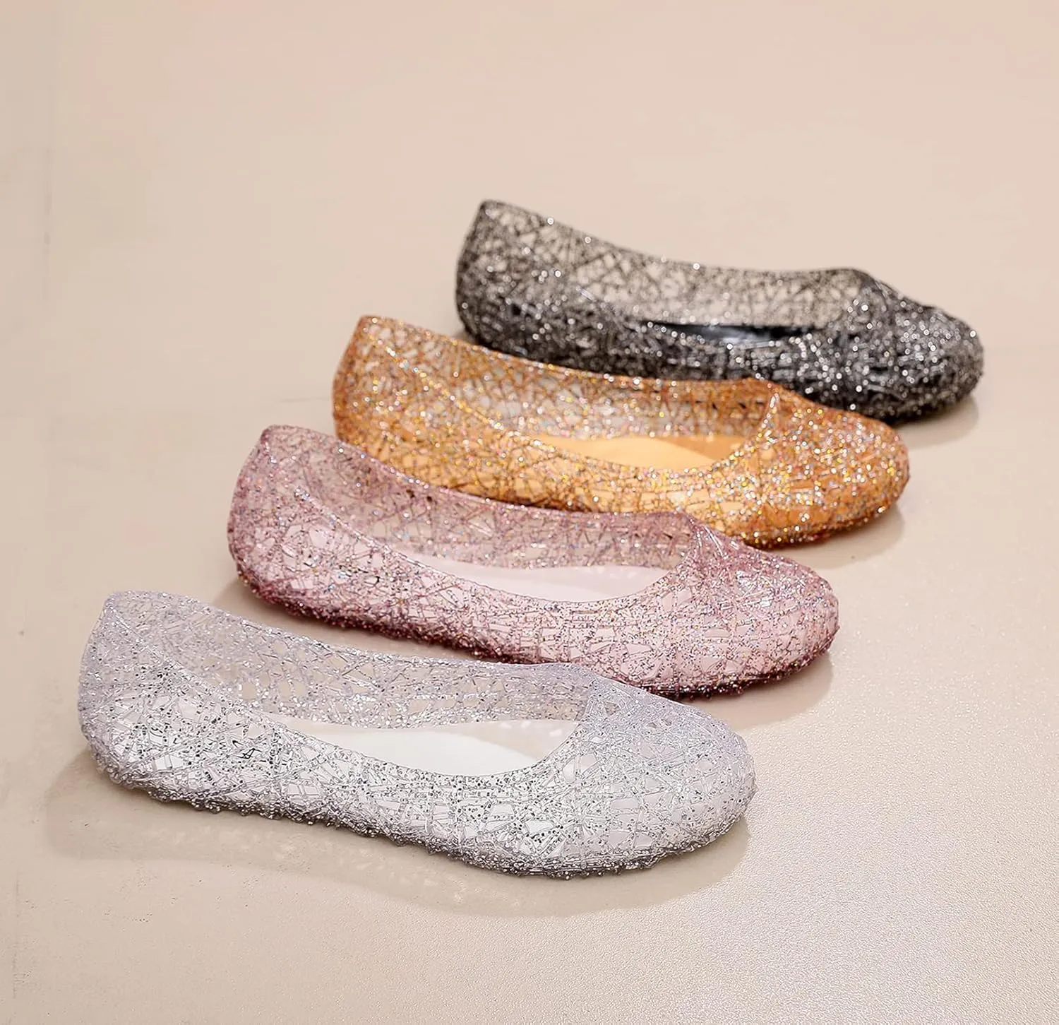 Womens Jelly Sandals, White Jelly Shoes Glitter Flats for Women Size 9, Slip On Summer Ballet Flat Transparent Layered Lines Bird Nest Soft Hollow Out Loafers