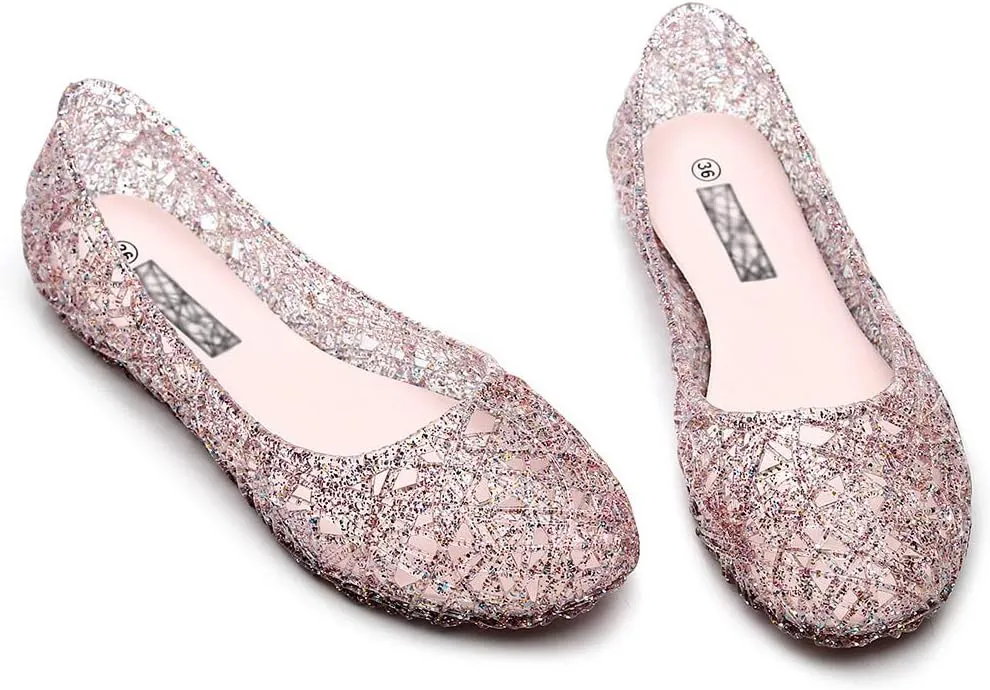 Womens Jelly Sandals, White Jelly Shoes Glitter Flats for Women Size 9, Slip On Summer Ballet Flat Transparent Layered Lines Bird Nest Soft Hollow Out Loafers