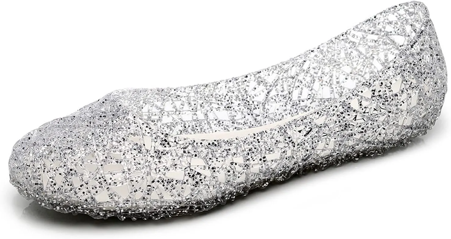 Womens Jelly Sandals, White Jelly Shoes Glitter Flats for Women Size 9, Slip On Summer Ballet Flat Transparent Layered Lines Bird Nest Soft Hollow Out Loafers