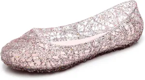 Womens Jelly Sandals, White Jelly Shoes Glitter Flats for Women Size 9, Slip On Summer Ballet Flat Transparent Layered Lines Bird Nest Soft Hollow Out Loafers