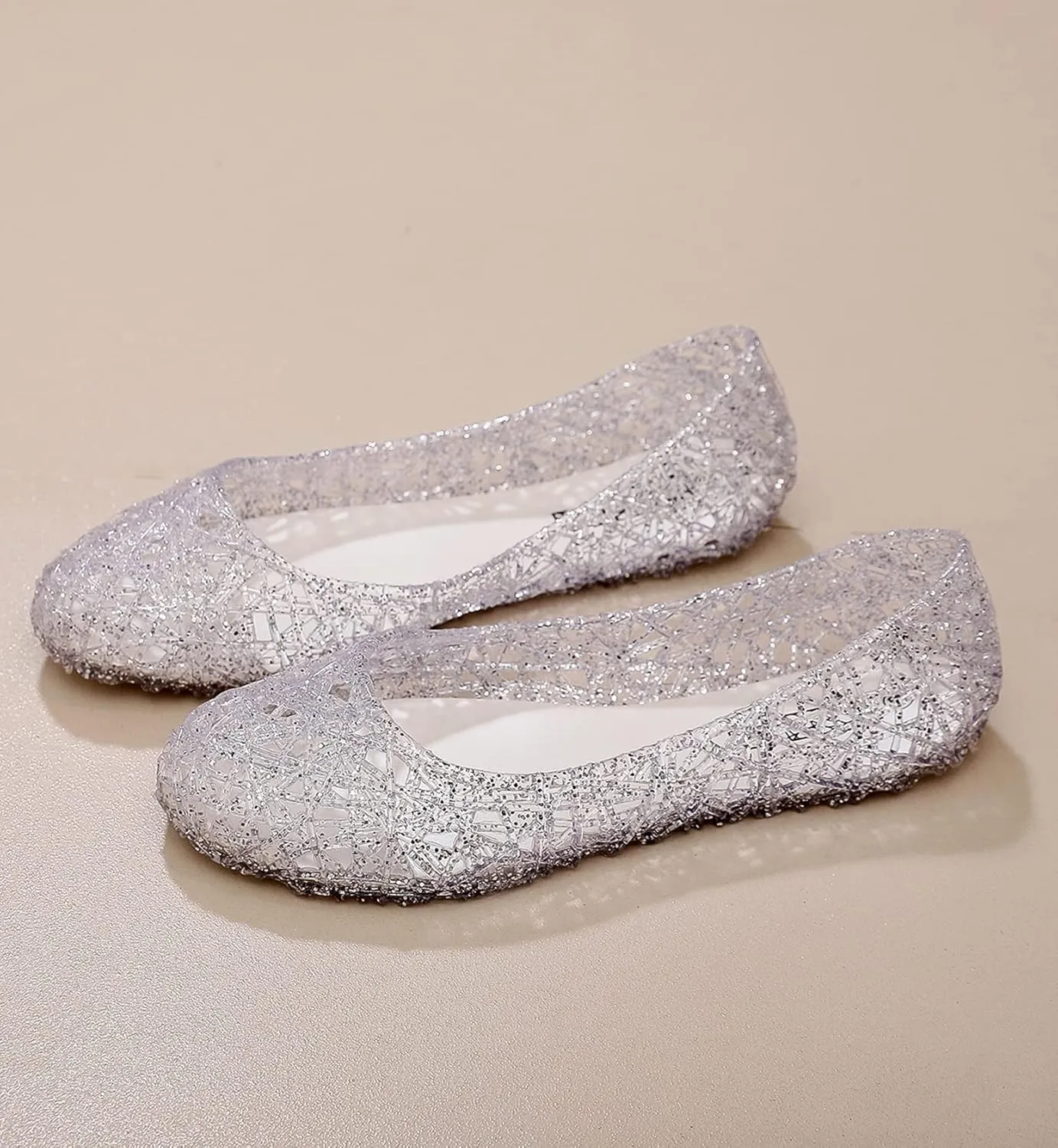 Womens Jelly Sandals, White Jelly Shoes Glitter Flats for Women Size 9, Slip On Summer Ballet Flat Transparent Layered Lines Bird Nest Soft Hollow Out Loafers