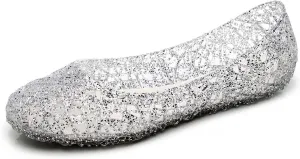 Womens Jelly Sandals, White Jelly Shoes Glitter Flats for Women Size 9, Slip On Summer Ballet Flat Transparent Layered Lines Bird Nest Soft Hollow Out Loafers