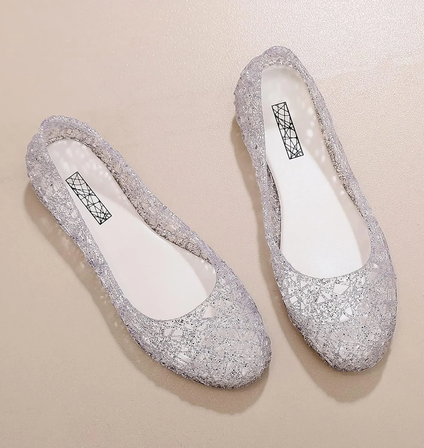 Womens Jelly Sandals, White Jelly Shoes Glitter Flats for Women Size 9, Slip On Summer Ballet Flat Transparent Layered Lines Bird Nest Soft Hollow Out Loafers