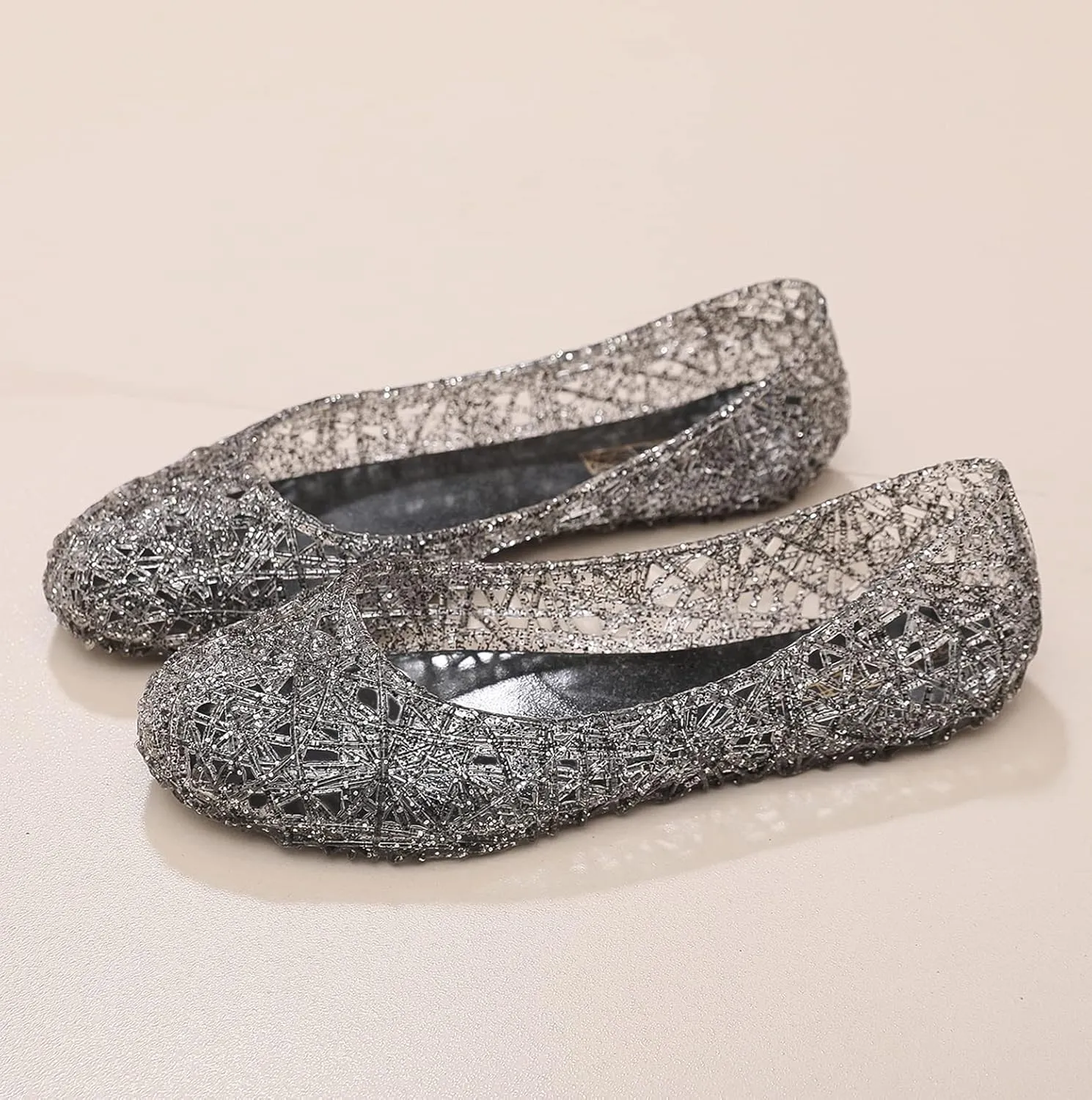Womens Jelly Sandals, White Jelly Shoes Glitter Flats for Women Size 9, Slip On Summer Ballet Flat Transparent Layered Lines Bird Nest Soft Hollow Out Loafers