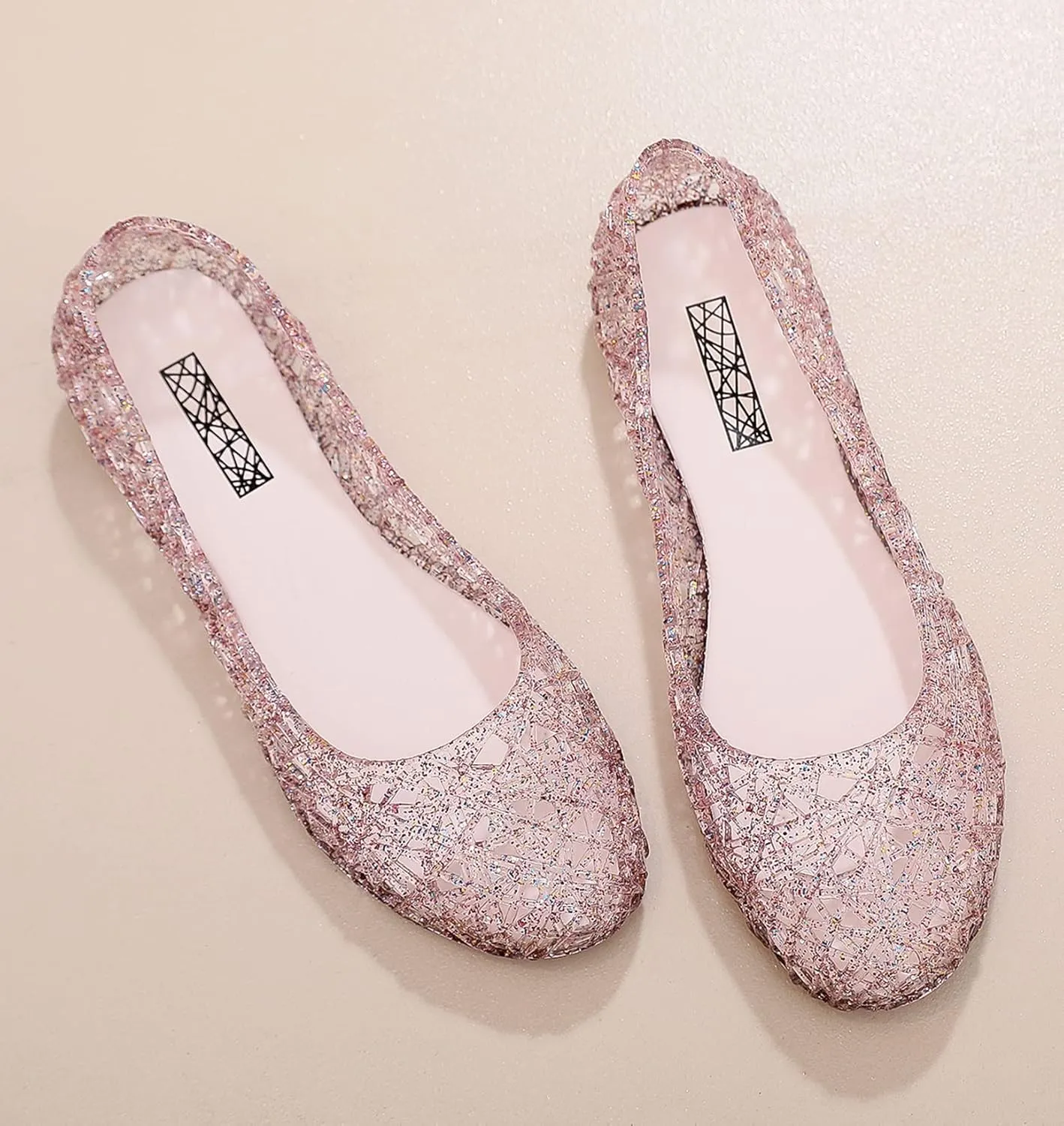 Womens Jelly Sandals, White Jelly Shoes Glitter Flats for Women Size 9, Slip On Summer Ballet Flat Transparent Layered Lines Bird Nest Soft Hollow Out Loafers