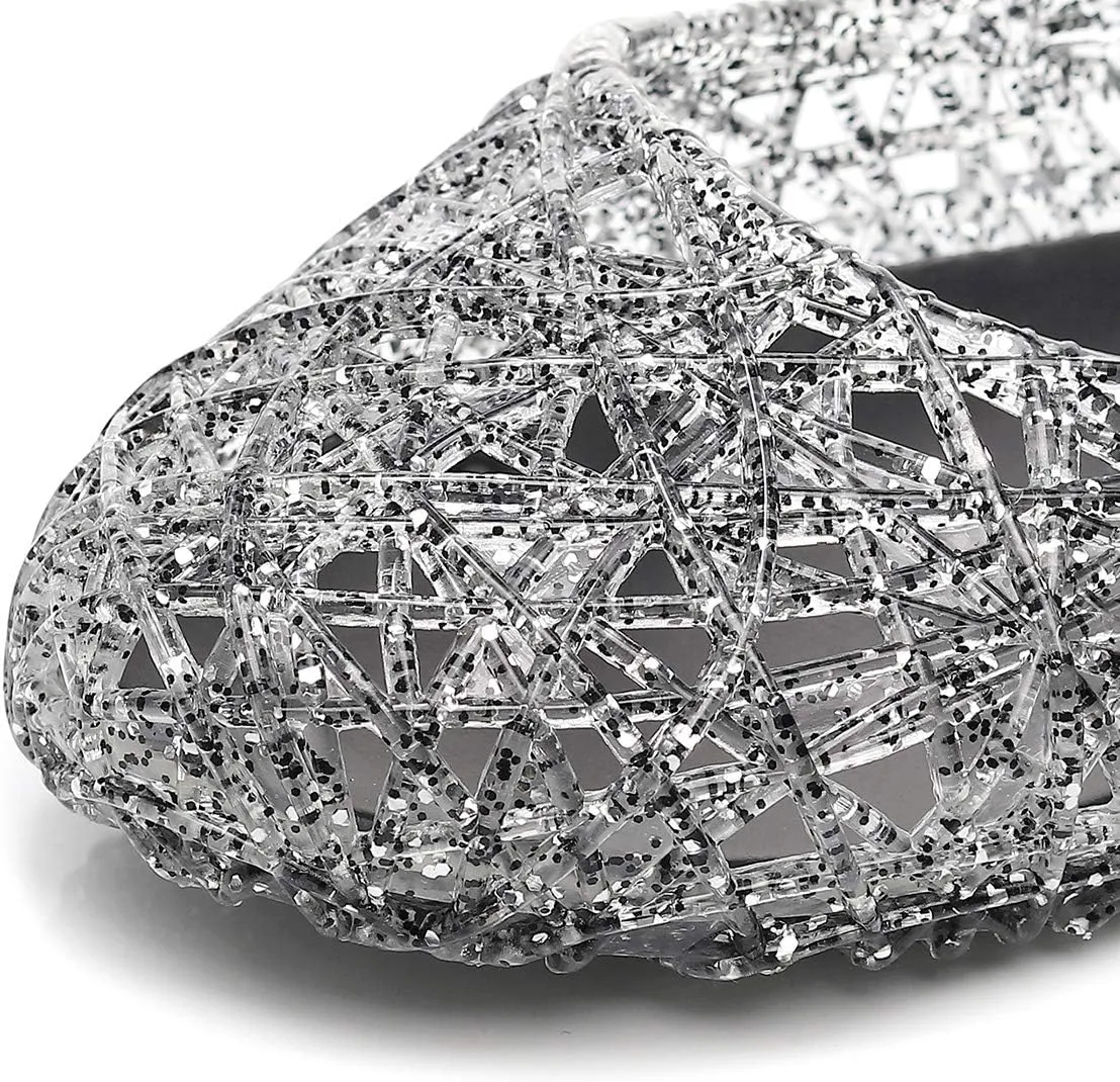 Womens Jelly Sandals, White Jelly Shoes Glitter Flats for Women Size 9, Slip On Summer Ballet Flat Transparent Layered Lines Bird Nest Soft Hollow Out Loafers