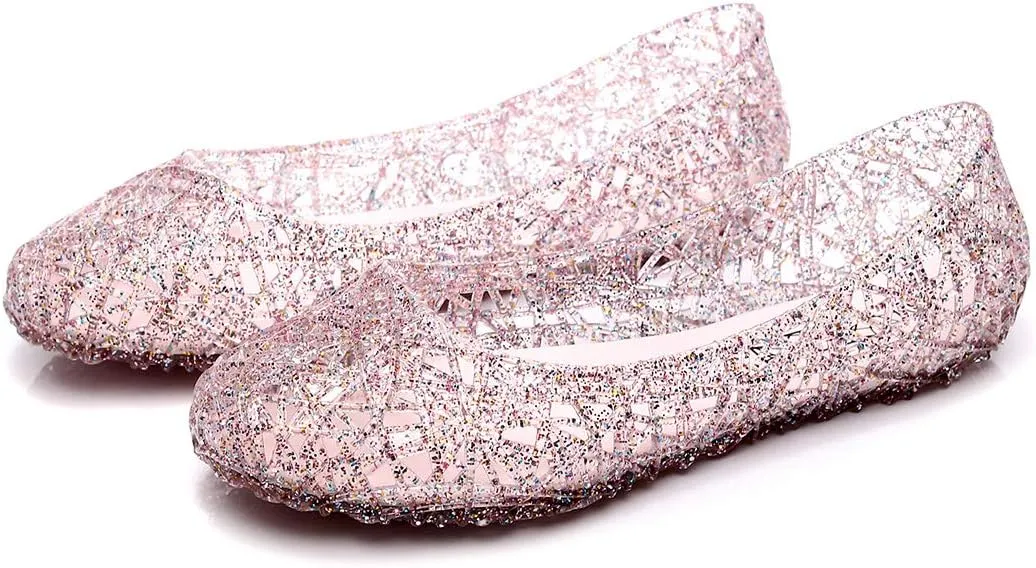 Womens Jelly Sandals, White Jelly Shoes Glitter Flats for Women Size 9, Slip On Summer Ballet Flat Transparent Layered Lines Bird Nest Soft Hollow Out Loafers