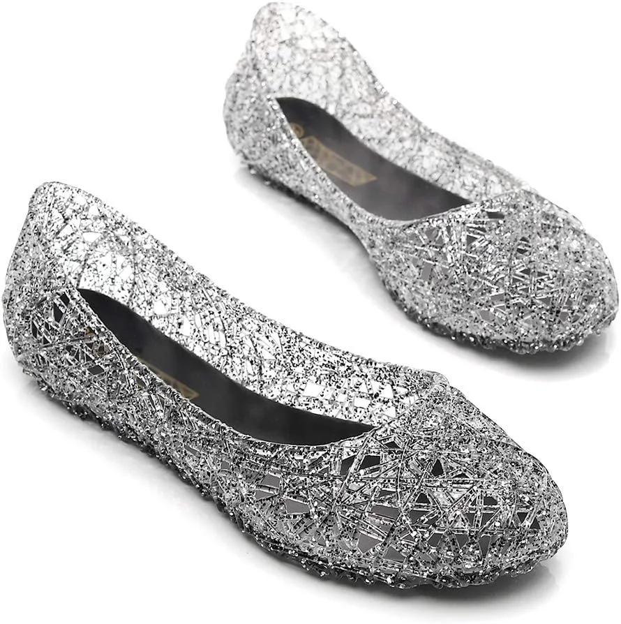 Womens Jelly Sandals, White Jelly Shoes Glitter Flats for Women Size 9, Slip On Summer Ballet Flat Transparent Layered Lines Bird Nest Soft Hollow Out Loafers
