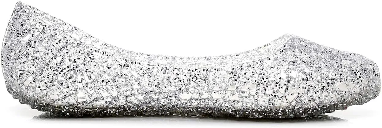 Womens Jelly Sandals, White Jelly Shoes Glitter Flats for Women Size 9, Slip On Summer Ballet Flat Transparent Layered Lines Bird Nest Soft Hollow Out Loafers
