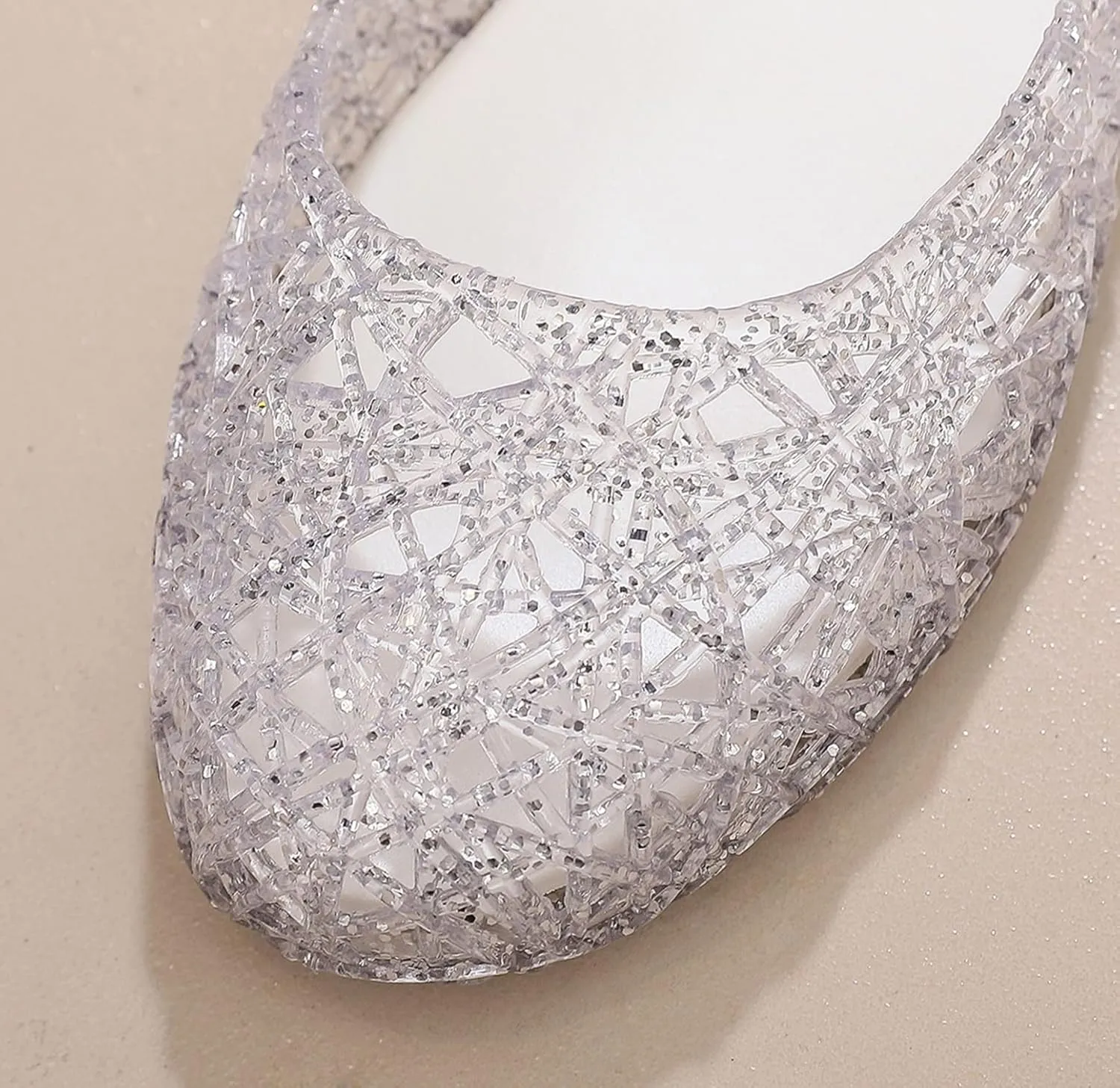Womens Jelly Sandals, White Jelly Shoes Glitter Flats for Women Size 9, Slip On Summer Ballet Flat Transparent Layered Lines Bird Nest Soft Hollow Out Loafers