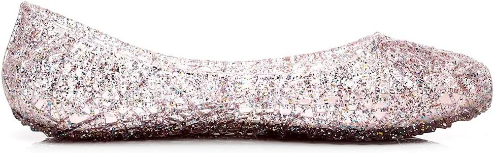 Womens Jelly Sandals, White Jelly Shoes Glitter Flats for Women Size 9, Slip On Summer Ballet Flat Transparent Layered Lines Bird Nest Soft Hollow Out Loafers