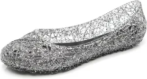 Womens Jelly Sandals, White Jelly Shoes Glitter Flats for Women Size 9, Slip On Summer Ballet Flat Transparent Layered Lines Bird Nest Soft Hollow Out Loafers