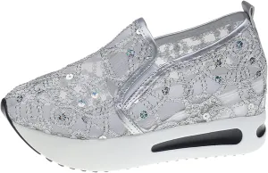 Women's Mesh Slip On Walking Shoes Platform Wedge Sneakers Floral Embroidery Breathable Sheer Mesh Sneakers Walking Shoes Loafers