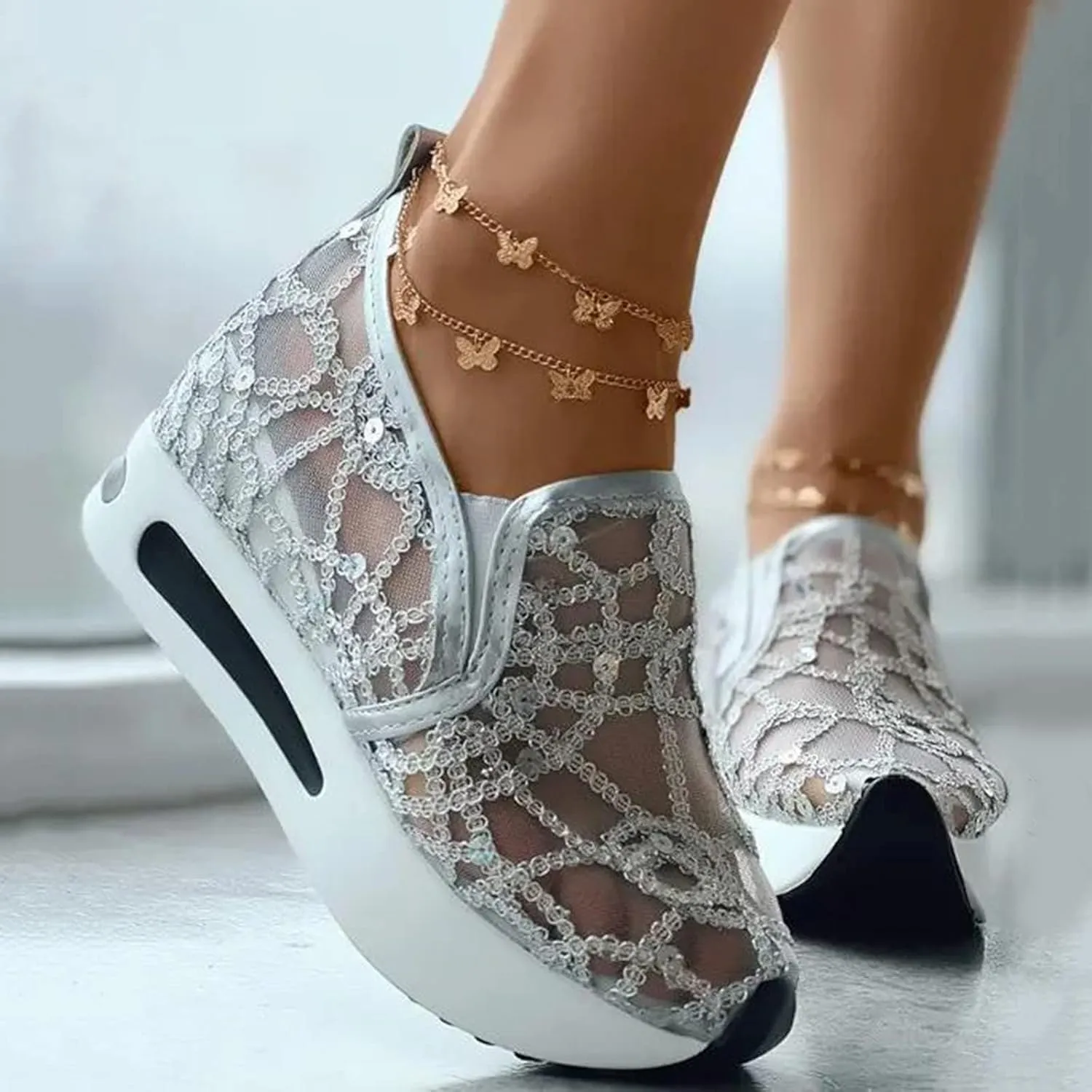 Women's Mesh Slip On Walking Shoes Platform Wedge Sneakers Floral Embroidery Breathable Sheer Mesh Sneakers Walking Shoes Loafers