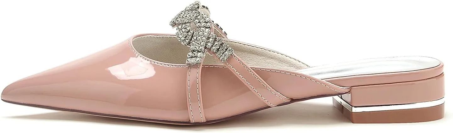 Women's Mules Flat Patent Leather Wedding Bridal Shoes Rhinestones Slip On Sandals Pointed Toe Slides Backless Evening Party Dress Pumps