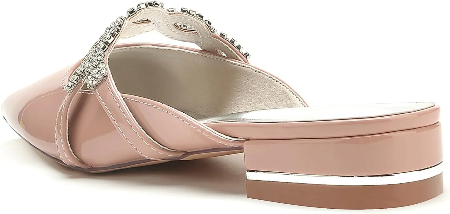 Women's Mules Flat Patent Leather Wedding Bridal Shoes Rhinestones Slip On Sandals Pointed Toe Slides Backless Evening Party Dress Pumps