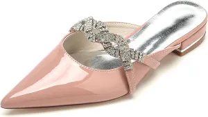 Women's Mules Flat Patent Leather Wedding Bridal Shoes Rhinestones Slip On Sandals Pointed Toe Slides Backless Evening Party Dress Pumps