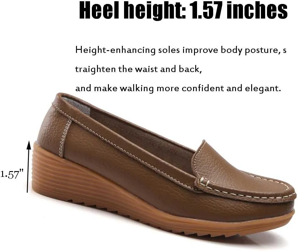 Women's Non Slip Nursing Shoes Leather Comfortable Slip on Flat Shoes Loafers for Restaurant Work