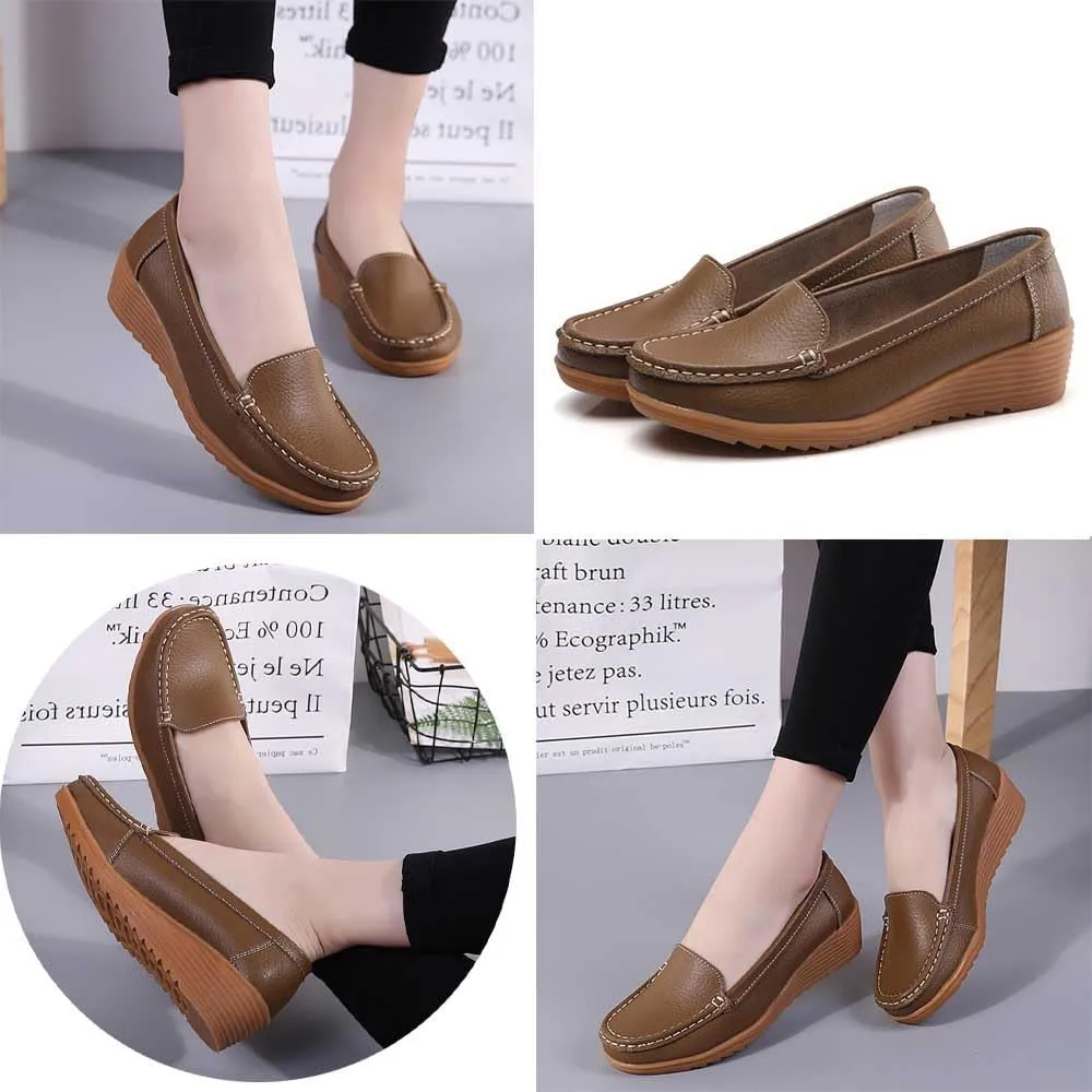 Women's Non Slip Nursing Shoes Leather Comfortable Slip on Flat Shoes Loafers for Restaurant Work