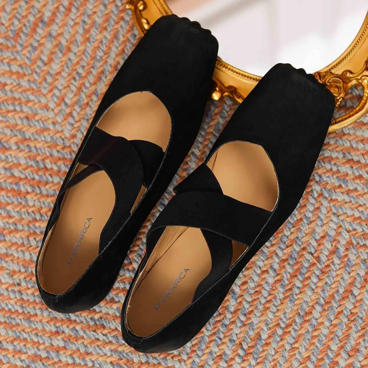 Womens Nubuck Leather Ballet Flats, Retro Square Toe with Wide Elastic Crisscross Band Low Thin Heel Shoes for Everyday Wear