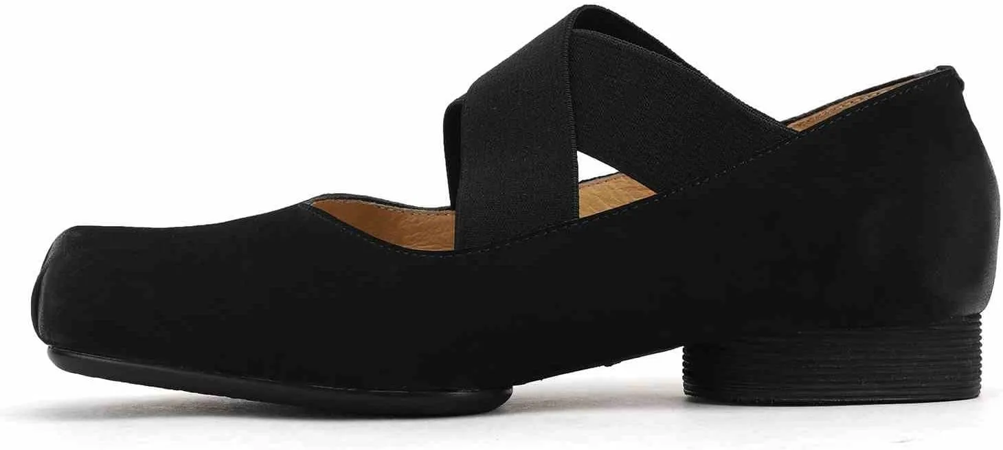 Womens Nubuck Leather Ballet Flats, Retro Square Toe with Wide Elastic Crisscross Band Low Thin Heel Shoes for Everyday Wear