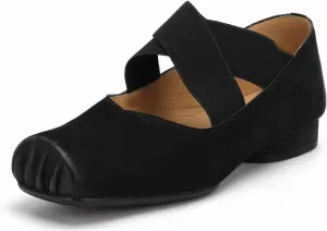 Womens Nubuck Leather Ballet Flats, Retro Square Toe with Wide Elastic Crisscross Band Low Thin Heel Shoes for Everyday Wear