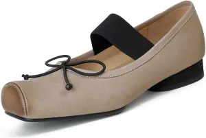 Womens Nubuck Leather Ballet Flats, Retro Square Toe with Wide Elastic Crisscross Band Low Thin Heel Shoes for Everyday Wear