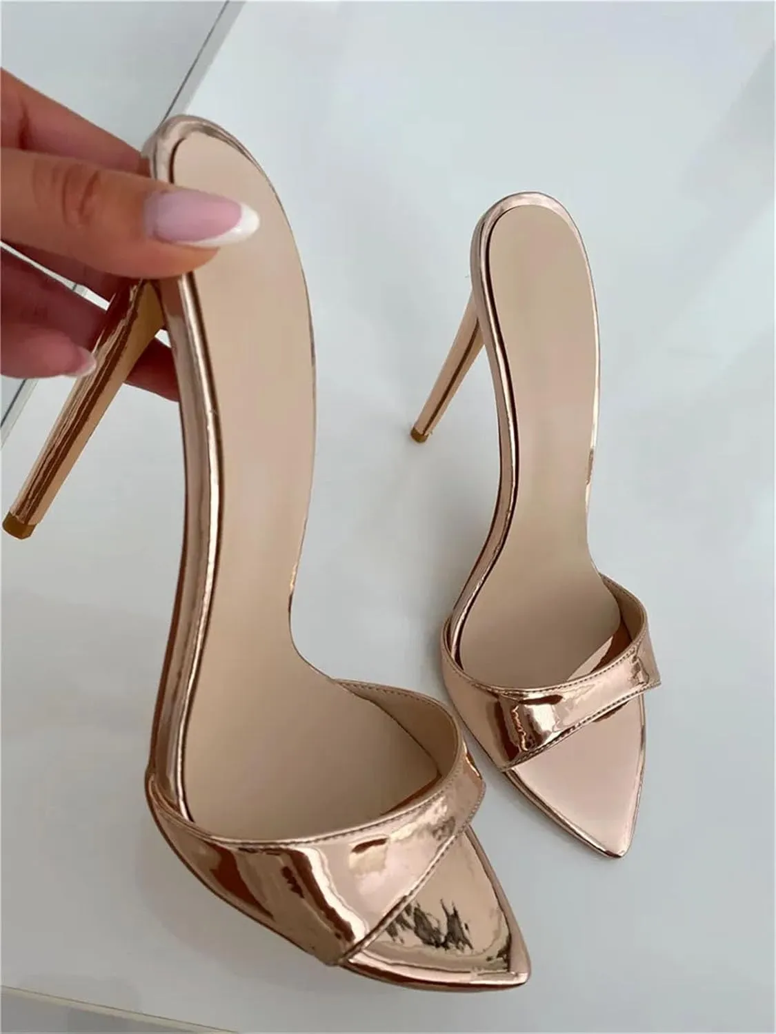 Women's Open Toe Gold Mules - Thin High Heel Classic Summer Sandals