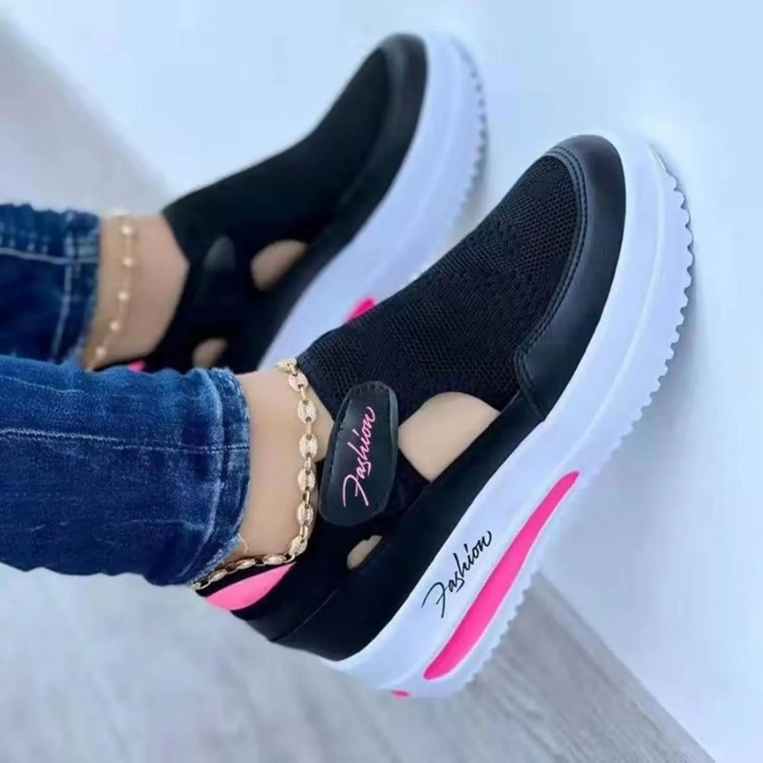 Women's Orthopedic Shoes Casual Breathable Mesh Round Toe Sneakers Summer Comfortable Thick Heel Buckle Hook Loop Sport Shoes Lightweight Slip On Loafers