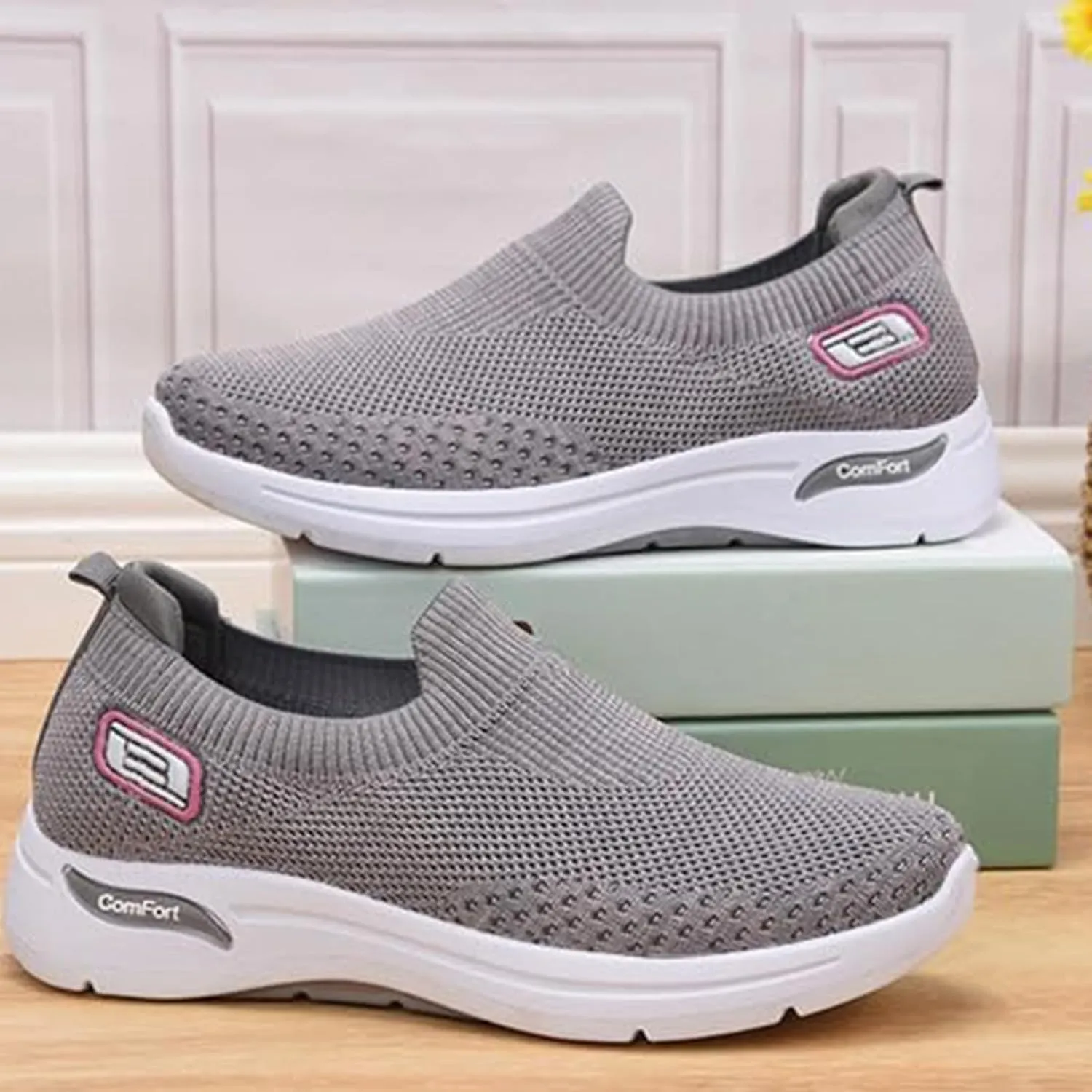 Women's Orthopedic Shoes Lightweight Breathable Knitted Sneakers Casual Comfortable Low Top Work Walking Shoes Fashion Soft Sole Slip On Sneaker with Arch Support