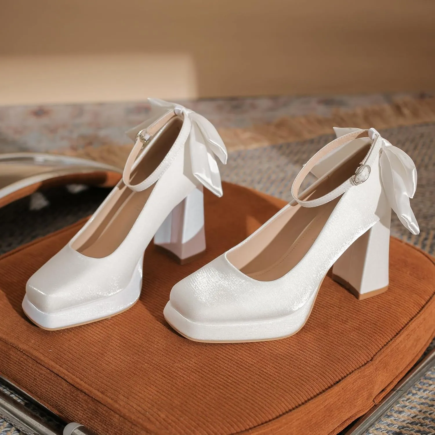 Women's Platform Chunky High Heel Pumps with Satin Bow Close Square Toe Adjustable Ankle Strap Mary Jane Heels Shoes Elegant Wedding Party Prom Dress Shoes