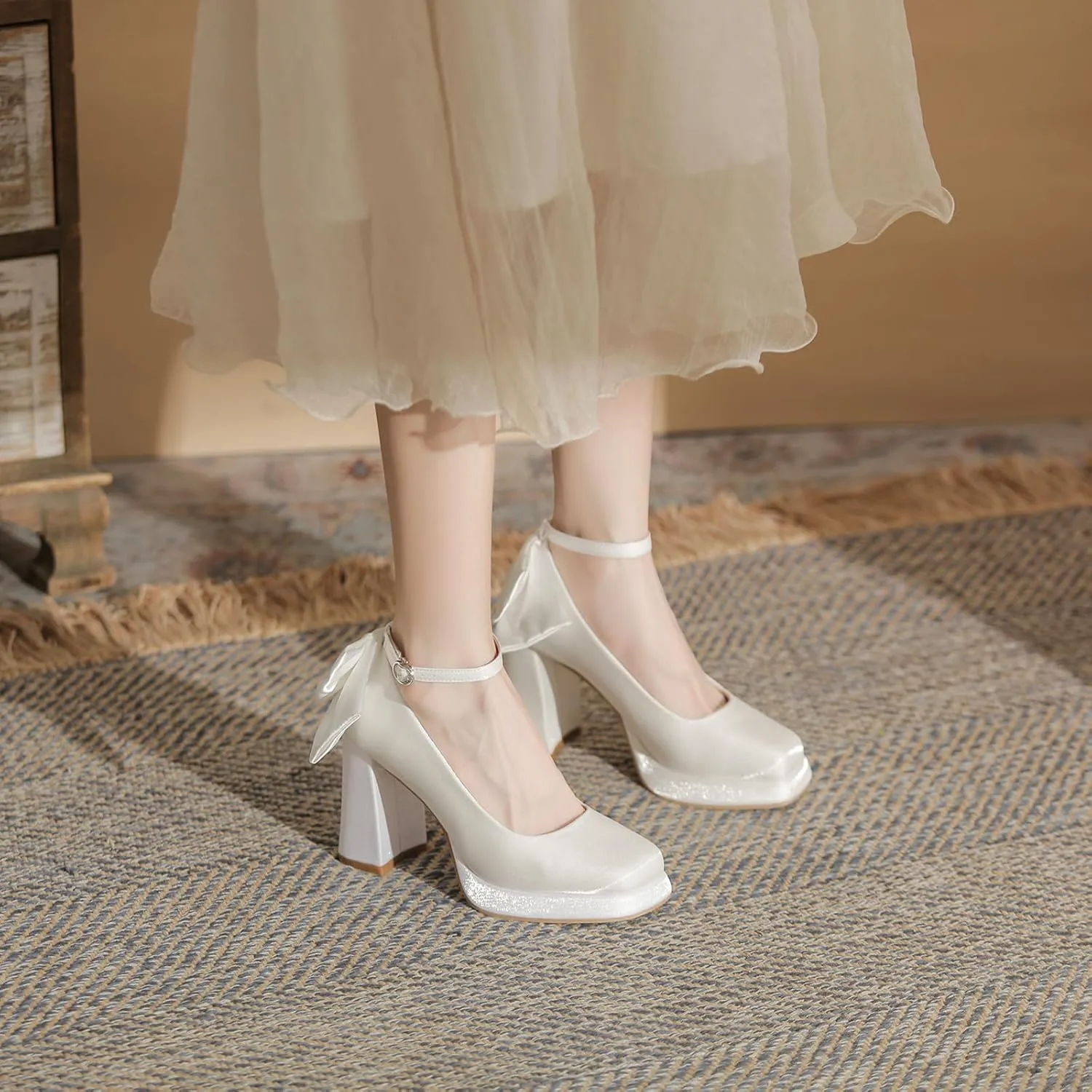 Women's Platform Chunky High Heel Pumps with Satin Bow Close Square Toe Adjustable Ankle Strap Mary Jane Heels Shoes Elegant Wedding Party Prom Dress Shoes