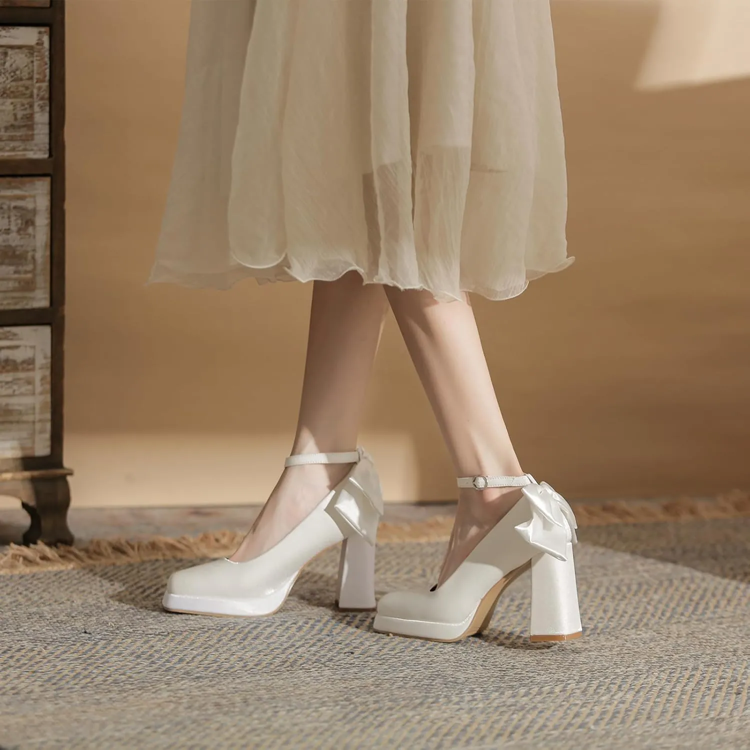 Women's Platform Chunky High Heel Pumps with Satin Bow Close Square Toe Adjustable Ankle Strap Mary Jane Heels Shoes Elegant Wedding Party Prom Dress Shoes