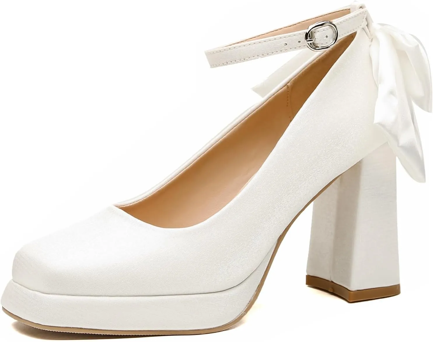 Women's Platform Chunky High Heel Pumps with Satin Bow Close Square Toe Adjustable Ankle Strap Mary Jane Heels Shoes Elegant Wedding Party Prom Dress Shoes