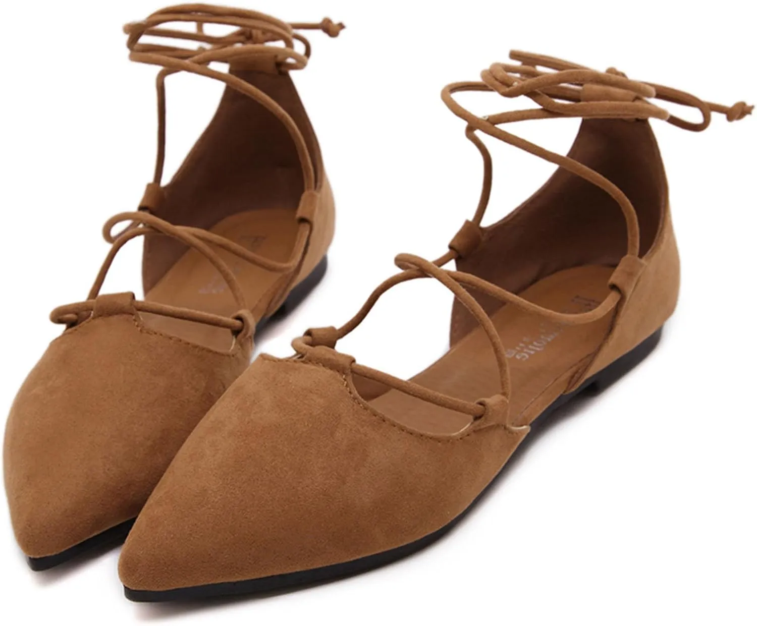 Women's Pointy Toe Ballet Flats Cross Strap Wrap Ballerina Shoes Faux Suede Lace Up Closed-Toe Flat Strappy Sandals