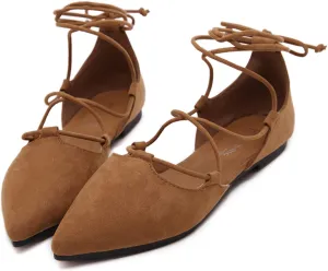 Women's Pointy Toe Ballet Flats Cross Strap Wrap Ballerina Shoes Faux Suede Lace Up Closed-Toe Flat Strappy Sandals
