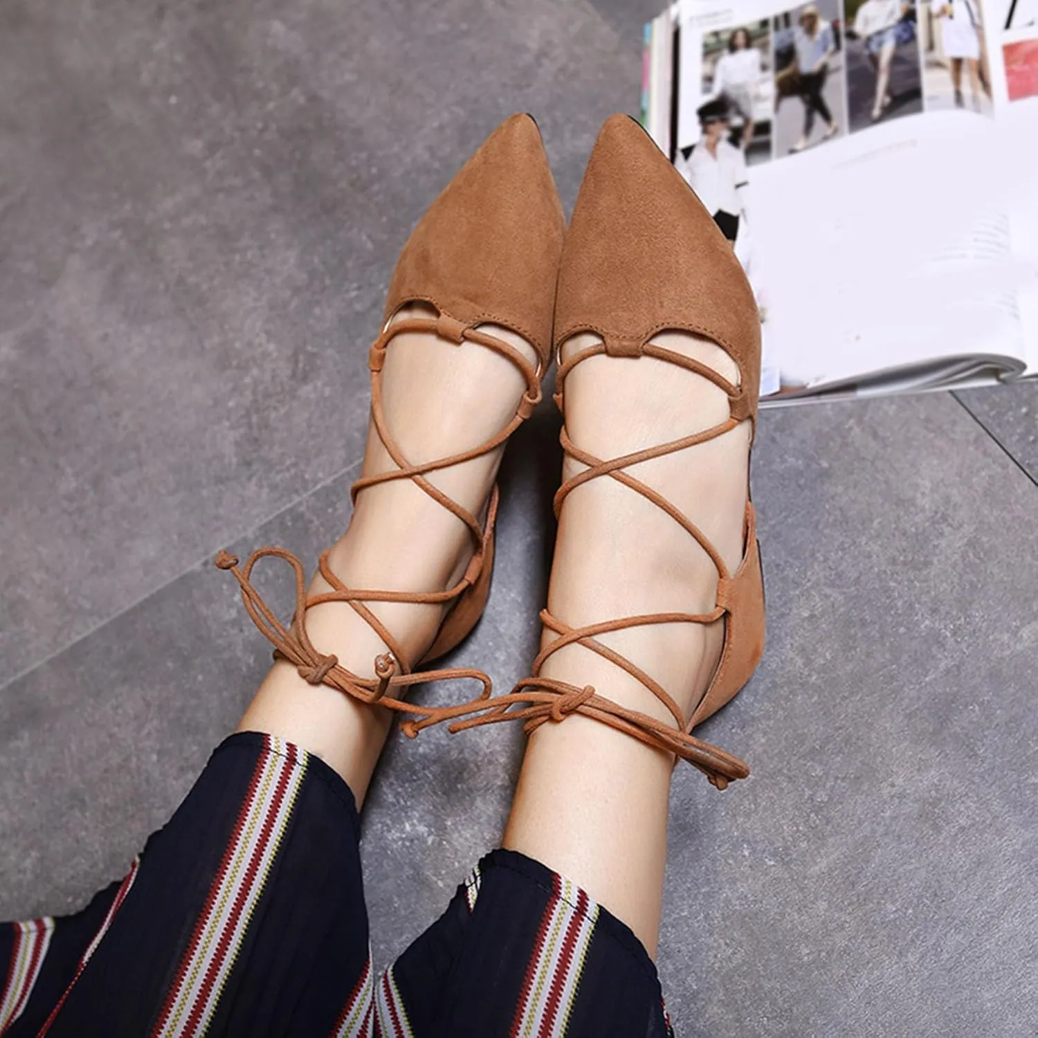 Women's Pointy Toe Ballet Flats Cross Strap Wrap Ballerina Shoes Faux Suede Lace Up Closed-Toe Flat Strappy Sandals