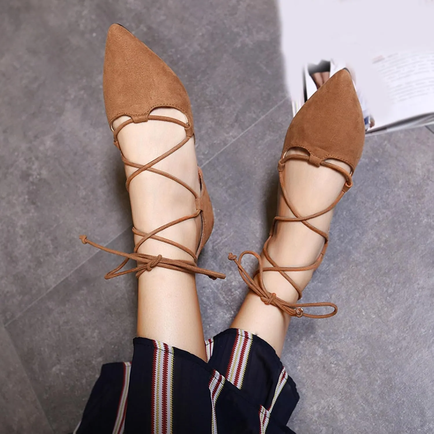 Women's Pointy Toe Ballet Flats Cross Strap Wrap Ballerina Shoes Faux Suede Lace Up Closed-Toe Flat Strappy Sandals