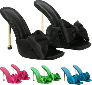 Women's Satin Bow-Knot Sexy Stiletto Dress Sandals Fashion Comfortable Square Open Toe Slip On Super High Heel Party Slides Sandals for Prom Wedding Date
