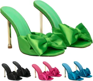 Women's Satin Bow-Knot Sexy Stiletto Dress Sandals Fashion Comfortable Square Open Toe Slip On Super High Heel Party Slides Sandals for Prom Wedding Date