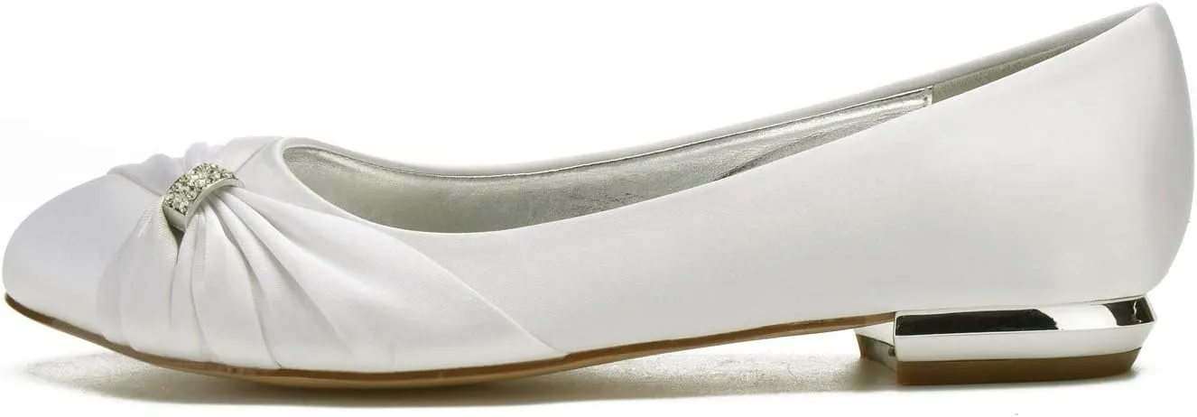 Women's Satin Wedding Flats for Bride Round Toe Slip on Formal Dress Flat Shoes Evening Bridal Party Dress Flat Shoes