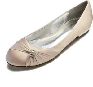 Women's Satin Wedding Flats for Bride Round Toe Slip on Formal Dress Flat Shoes Evening Bridal Party Dress Flat Shoes
