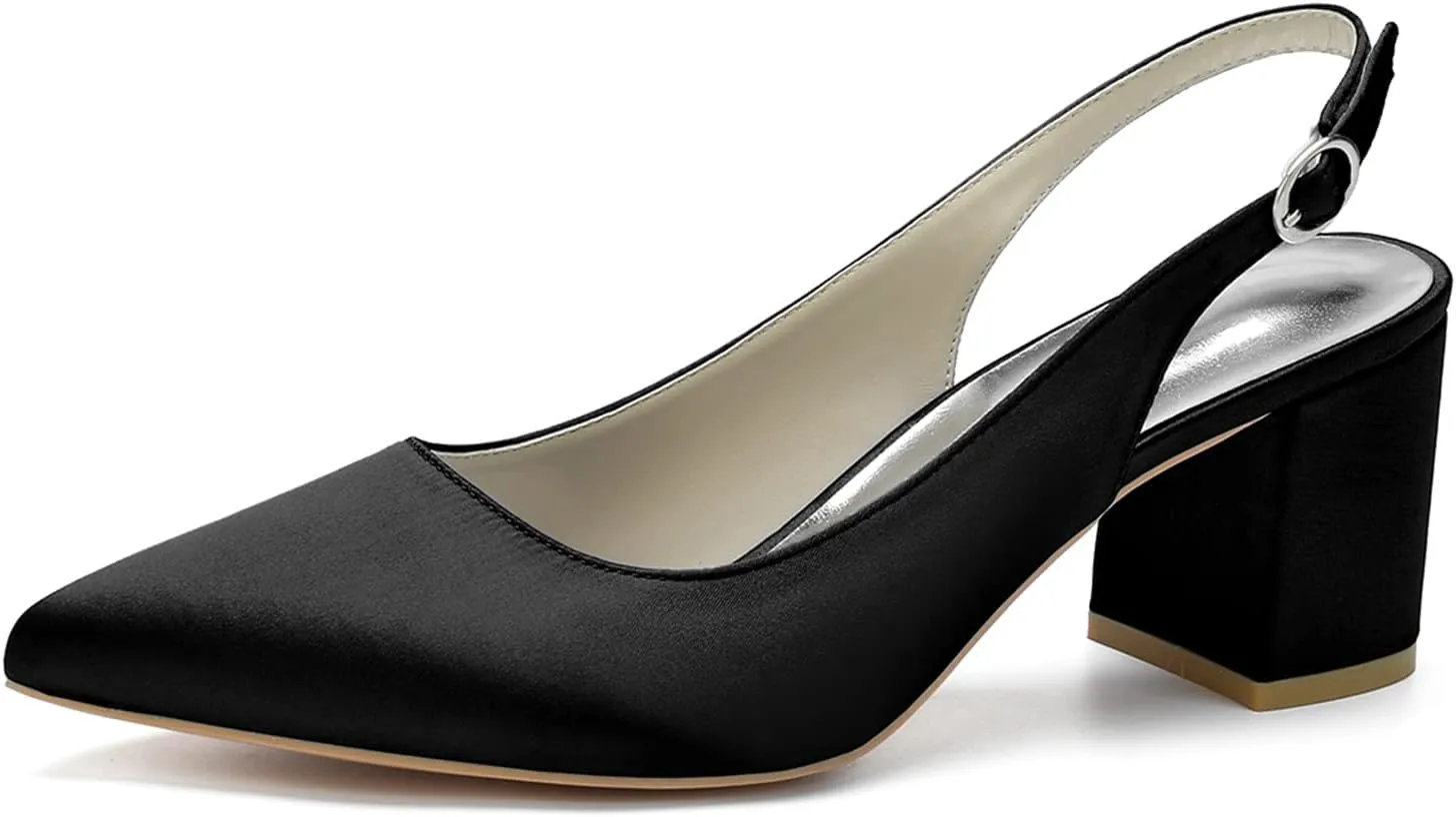 Womens Slingback Closed Pointed Toe Heels Satin Strap Block Chunky Heel Office Bridal Pumps Shoes